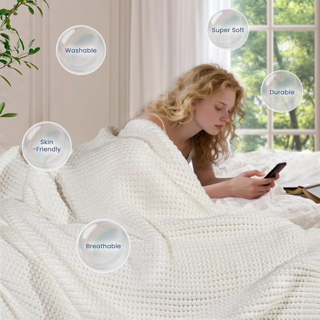 Waffle Knit Throw Blanket, Luxury Cozy Chunky Knit Throw Blanket, 50 x 60 Inch Thick Ultra-Soft Feather Yarn Knitted