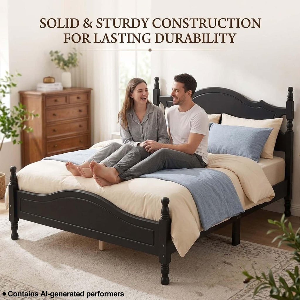 Vintage Wooden Platform Bed Frame with Spindle Headboard (Black)