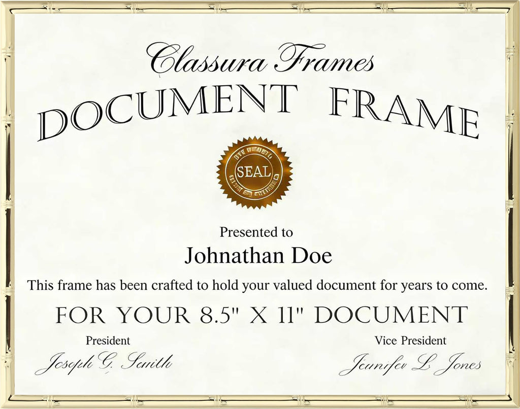 Gold 8.5x11'' Bamboo Detail Designs Metal Certificate Frame 2pack, 8.5x11'' Document Frames, Elegant Gold Plated