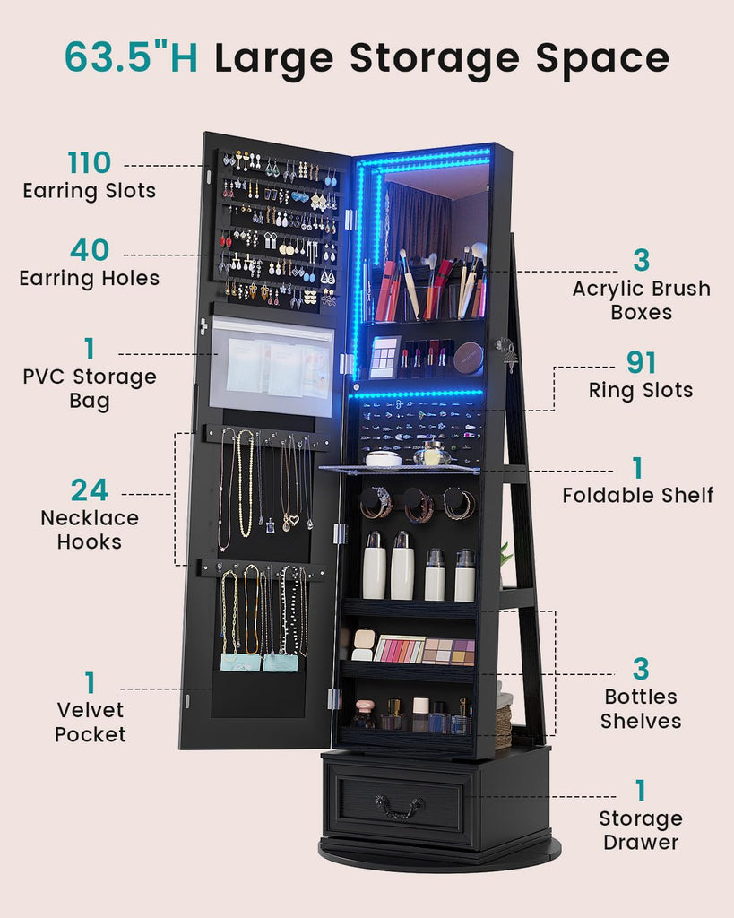 LED Mirror Jewelry Cabinet with Lights, 360° Swivel, Black