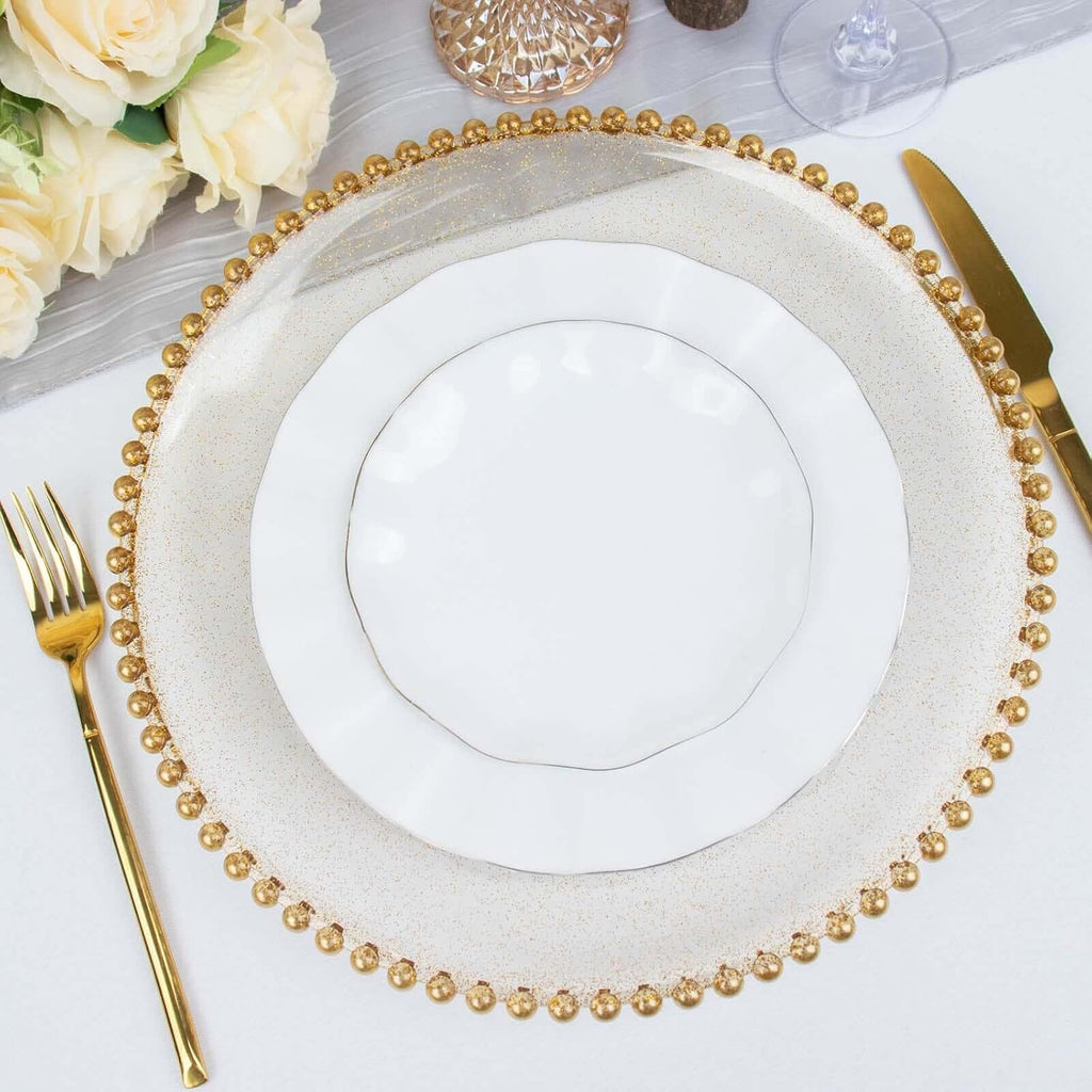 13" Charger Plates - Clear Gold Round Acrylic Disposable Chargers with Beaded Rim - Set of 12