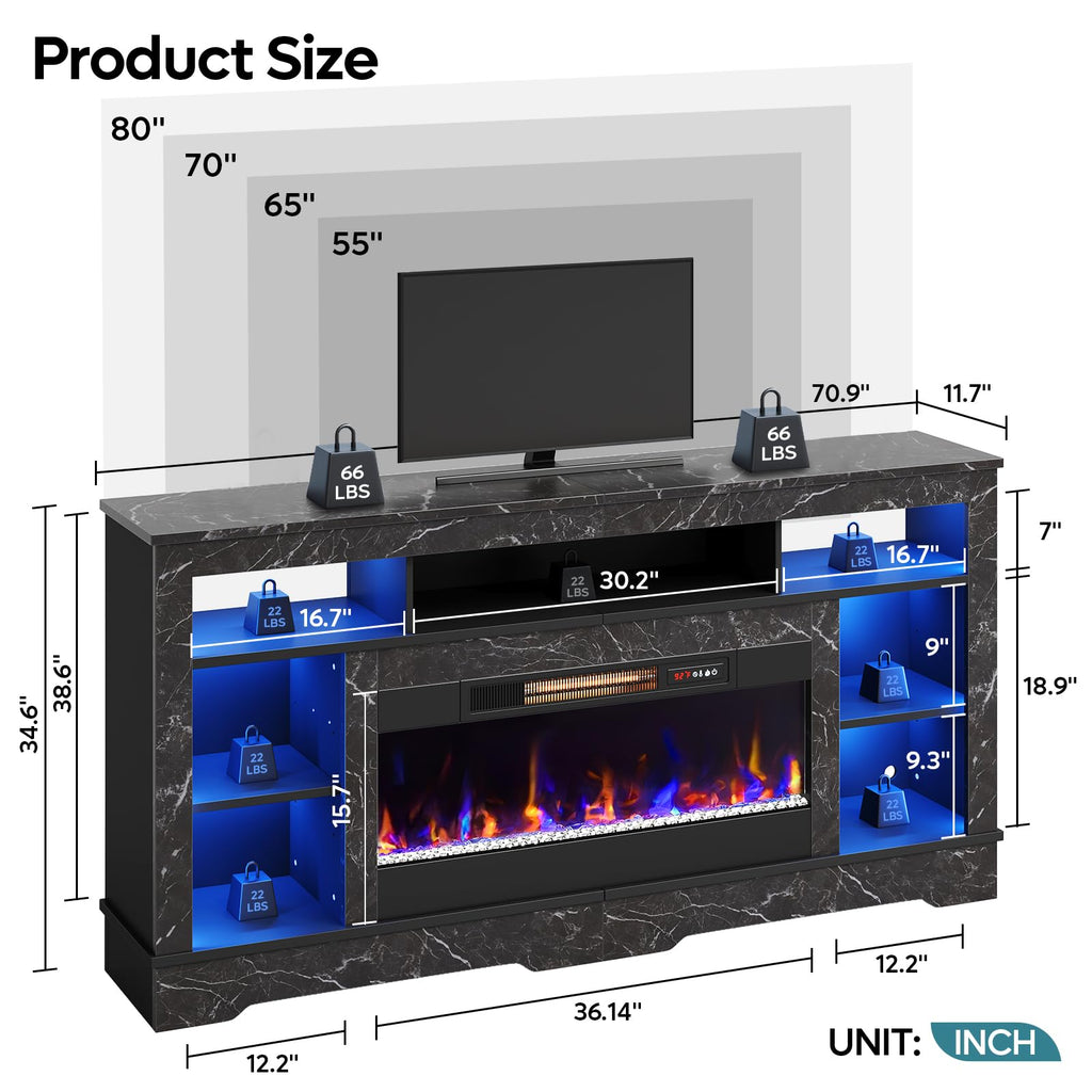 Tall TV Stand with 36" Fireplace, 71 Inch High LED Entertainment Center with Storage Cabinet for TVs Up to 80", TV