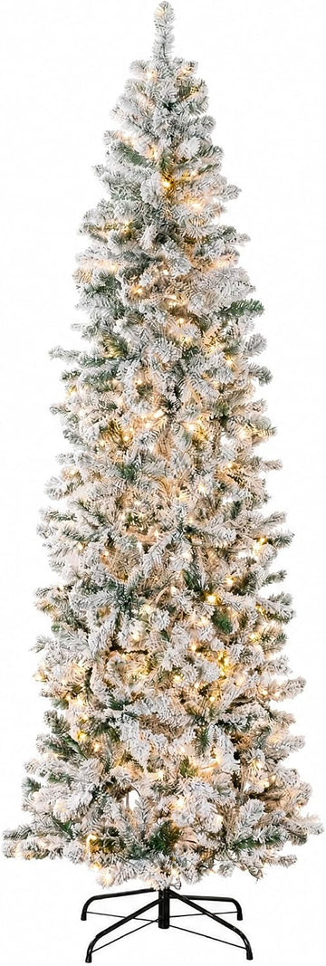 Flocked Pencil Christmas Tree w/Twinkling LEDs, Pre-Lit Slim Artificial Holiday Decoration, Lighted Skinny