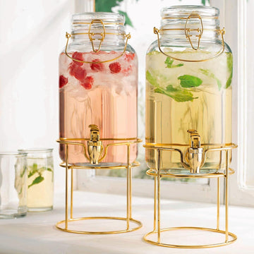 Drink Dispensers for Parties, 2 Pack 1 Gallon Beverage Dispenser with Stand, Drink Dispenser With Glass Lid, juice - Set of 2