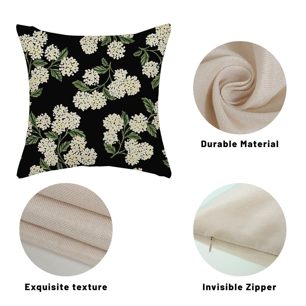 Black Spring Pillow Covers 22x22 Inch 2 Pcs Green Hydrangea Flower Decor Throw Pillows Vintage Floral Seasonal Summer