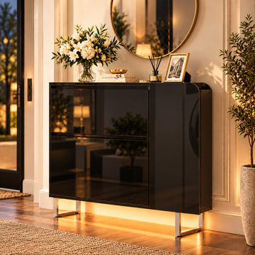 High Gloss Shoe Cabinet, 2 Flip Drawers with LED, Black