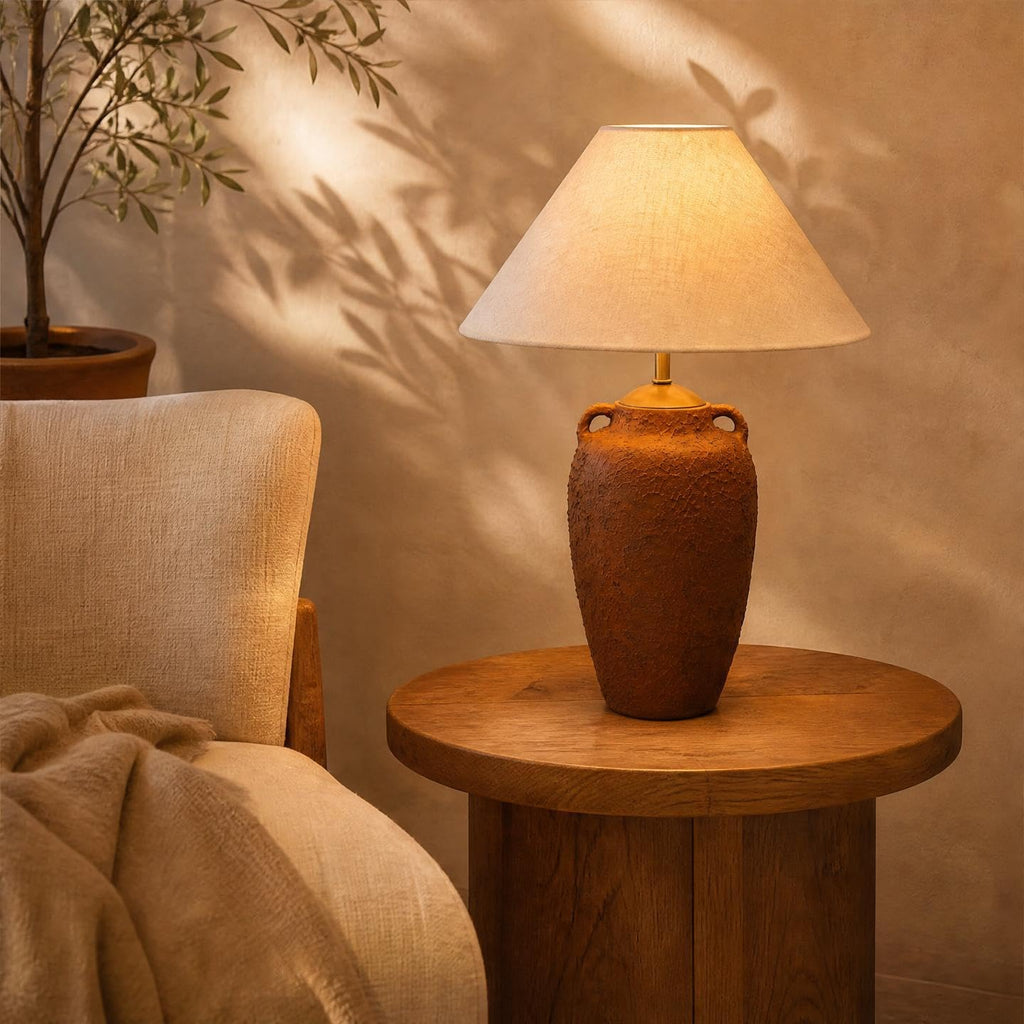 Textured Ceramic Table Lamp with Linen Shade, Rustic Bedside Lamp, Brown