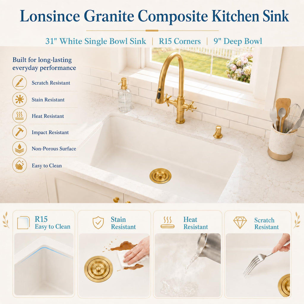Undermount Kitchen Sink 31 inch, White Granite Composite Sink