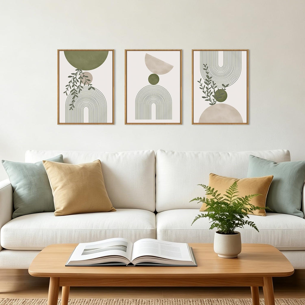Boho Abstract Wall Art Canvas, Sage Green Wall Decor Framed, Geometric Line Art Prints Leaves, Minimalist Artwork