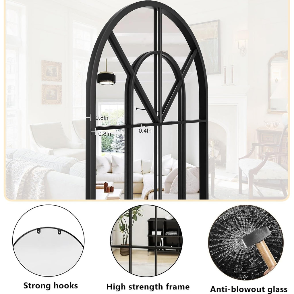 Arched Wall Mirror, 42"x24" Metal Frame Windowpane Mirror, Black