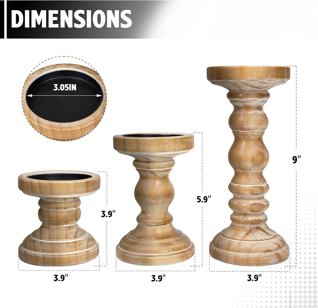Candle Holder for Pillar Candle Set of 3, Farmhouse Wood Candle Holder, Rustic Wooden Candle Stand, Vintage Tall