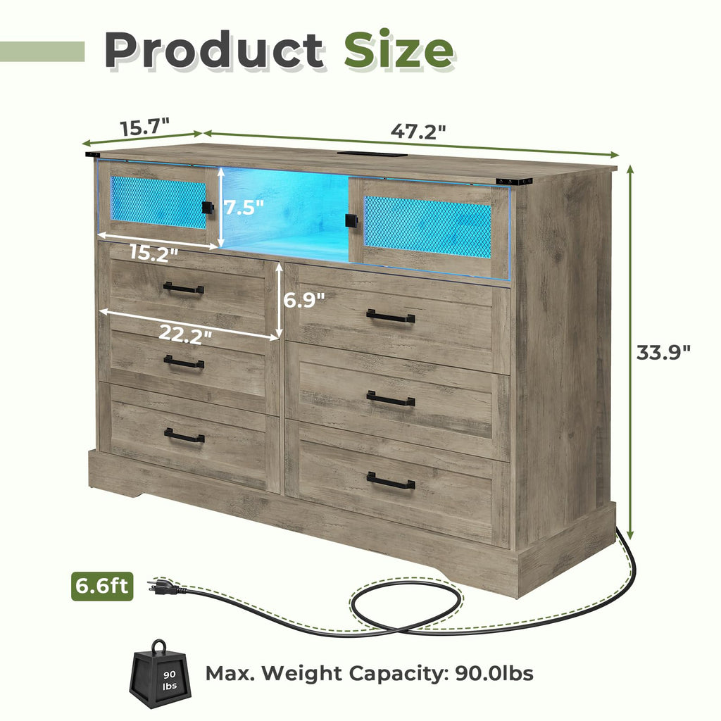 6 Drawer with LED Lights and Charging Station, Farmhouse Chest of Drawers Closet Organizer, Clothes Storage Cabinet