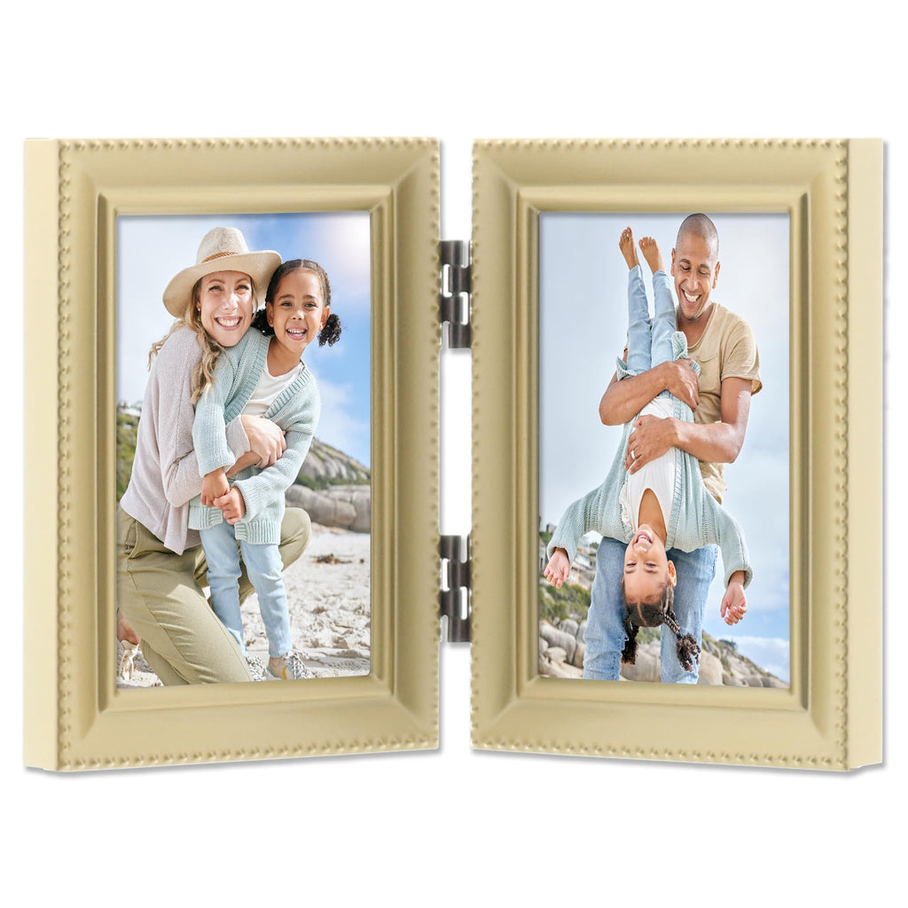Brushed Brass Hinged Double 2.5x3.5 Picture Frame-Beaded Edge Design