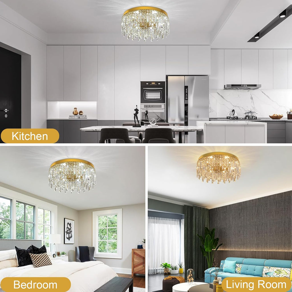 Gold Crystal Chandeliers for Dining Room 19.68" Round Luxury Flush Mount Crystal Ceiling Light Fixture Modern