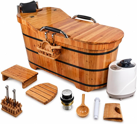 Cedar Wood Soaking Tub for Adults, Freestanding Wooden Bathtub with Lid & Steamer, Deep Japanese Style Bath Tub with