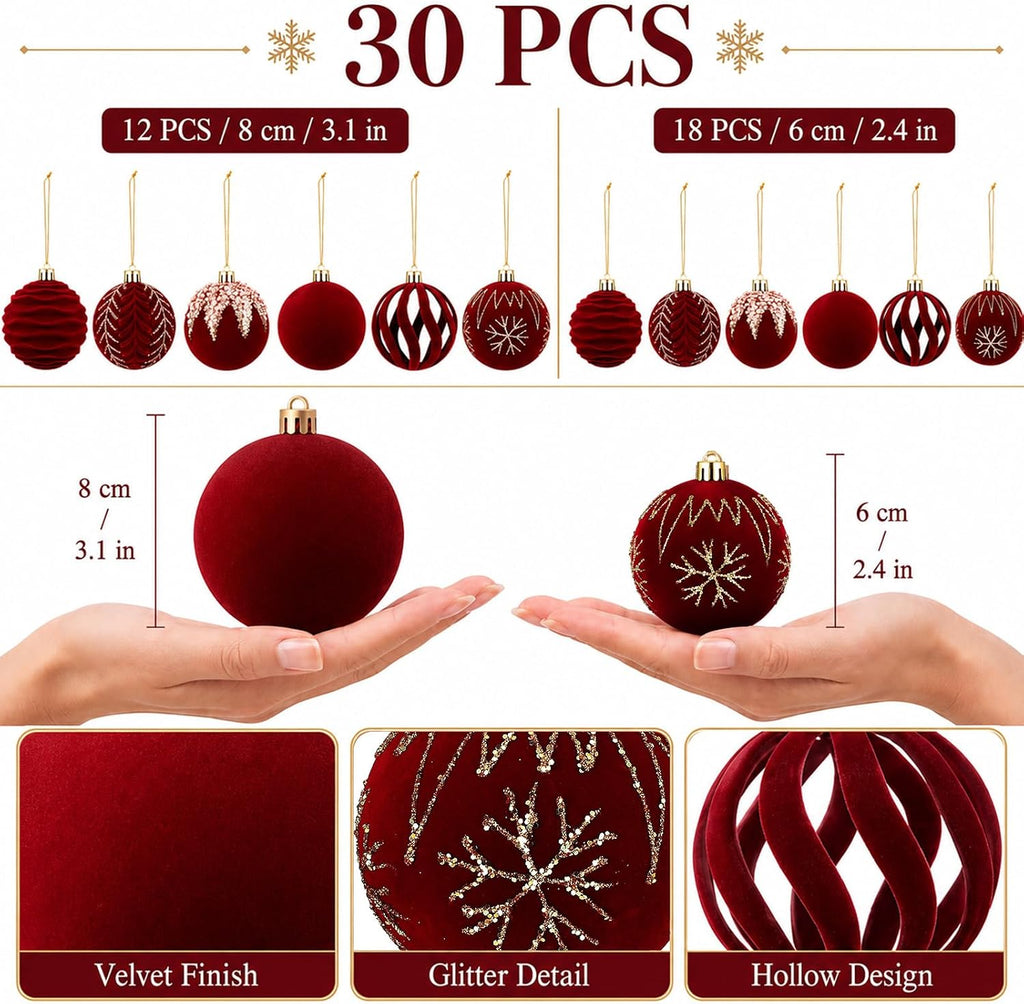 Burgundy Red Velvet Christmas Ball Ornaments Set - Set of 30