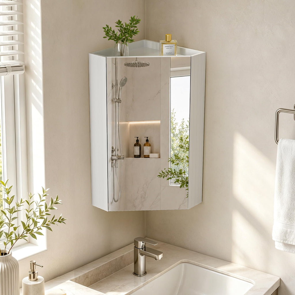 Corner Bathroom Mirror Cabinet, White
