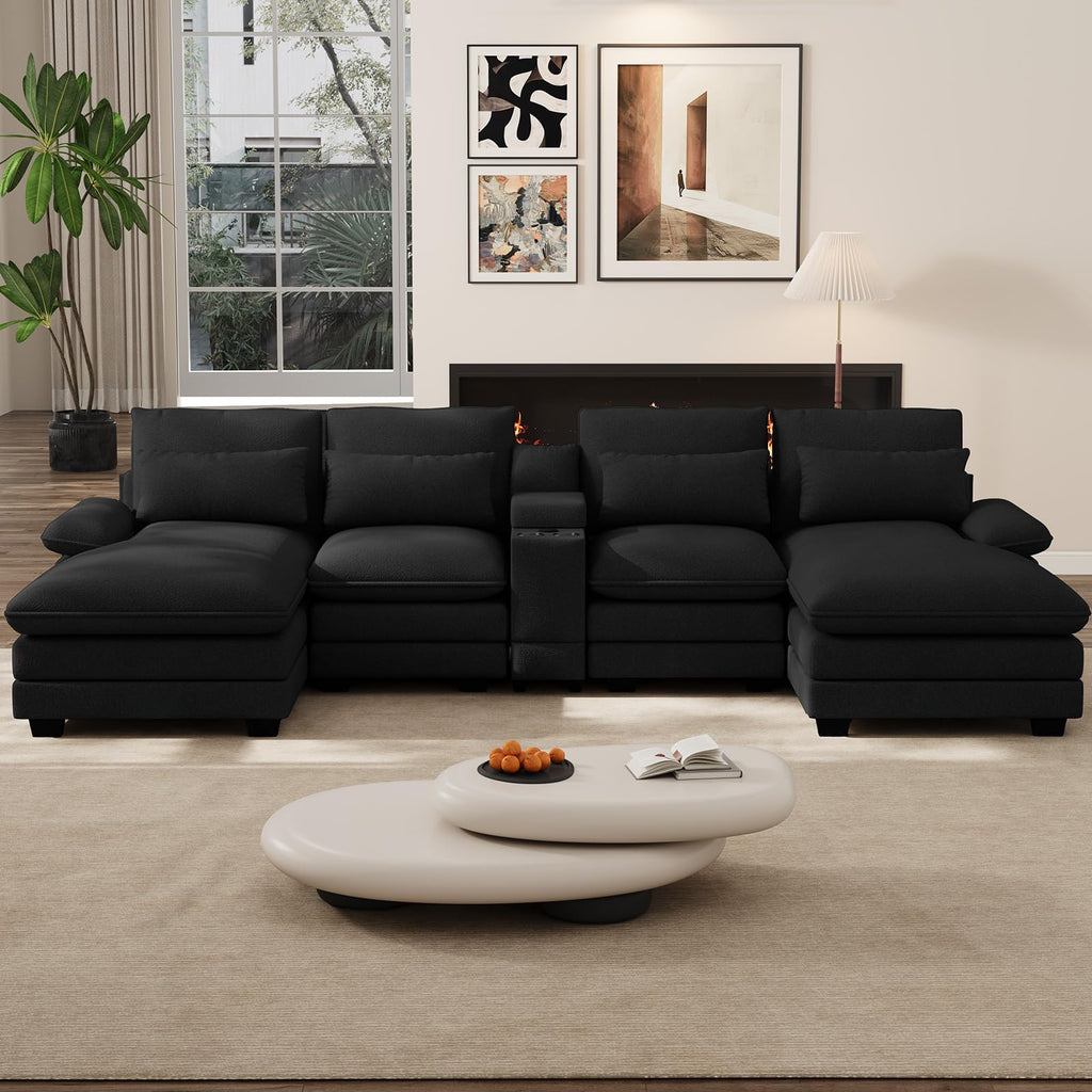 132" U Shaped Cloud Sectional Couch with USB Port, Black