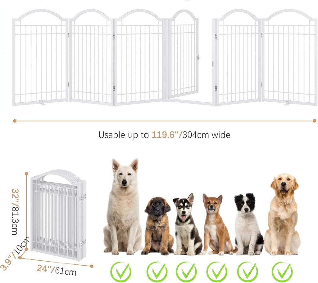 Metal No-Assembly Freestanding Dog Gate with Door Walk Through, Extra Wide 144", Extra Tall 32" Pet Gate, Accordion