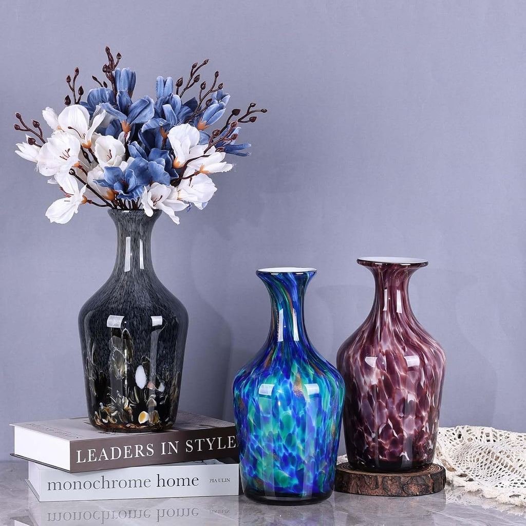 Hand Blown Glass Vase Teal Mosaic (Blue Green Splash) - Murano Inspired Art Glass Vase with Wide Mouth for Flowers