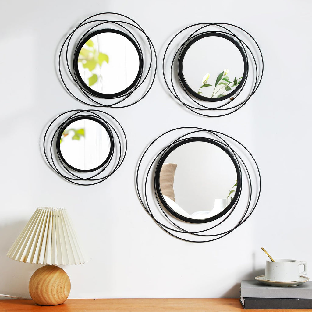 4 Pcs Decorative Round Modern Circle Mirror Wall Art Ring Metal Mirror Wall Mounted (Black)