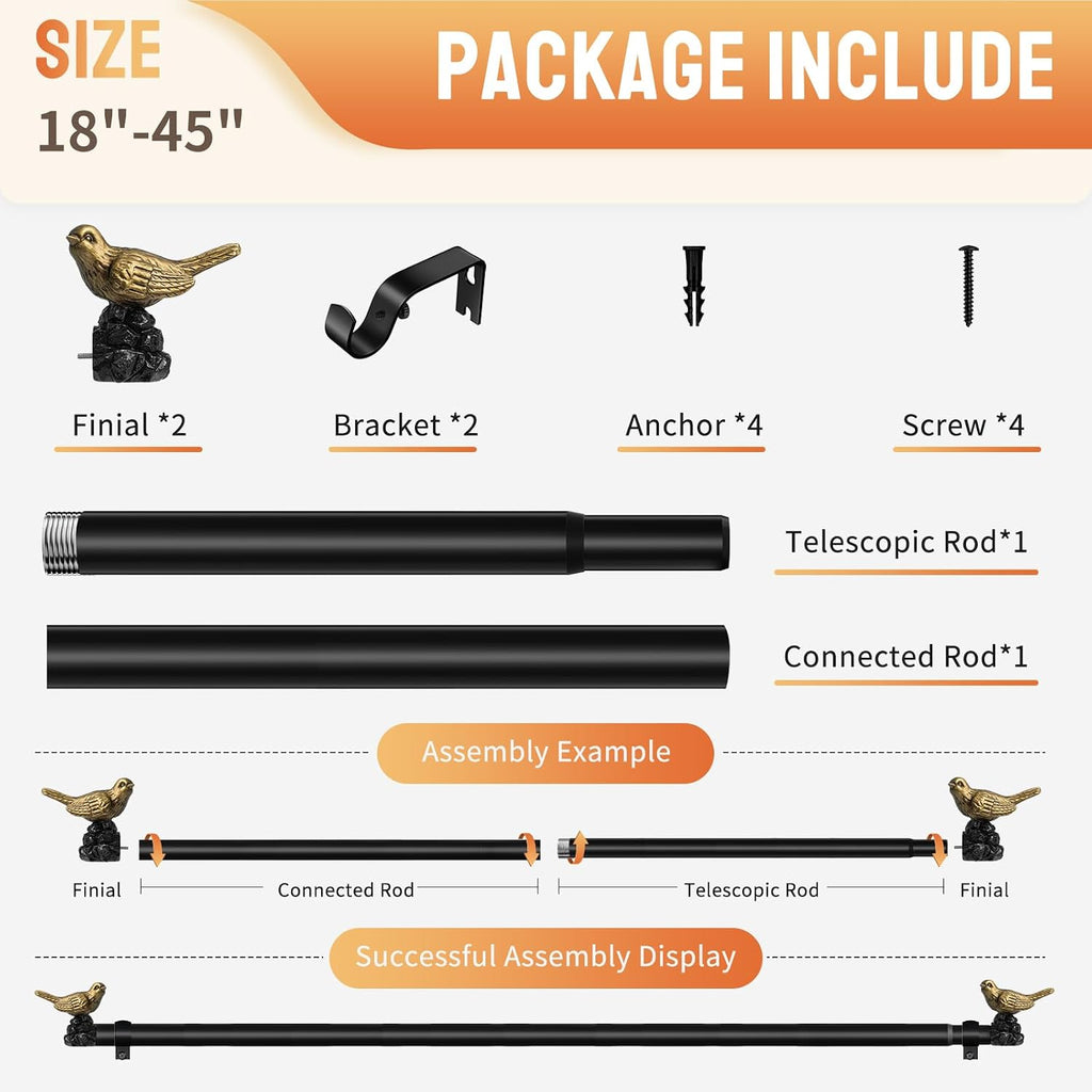 Bird Curtain Rod 18-45 Inch Black Curtain Rod with Gold Bird Finials Adjustable Heavy Duty Vintage Drapery Rod for