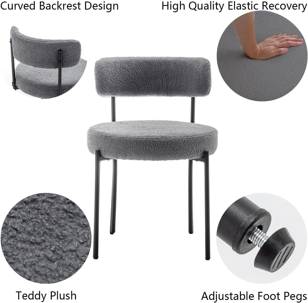 Grey Boucle Set of 2, Upholstered Dining Room Chairs with Black Metal Legs, Round Modern Dining Chair