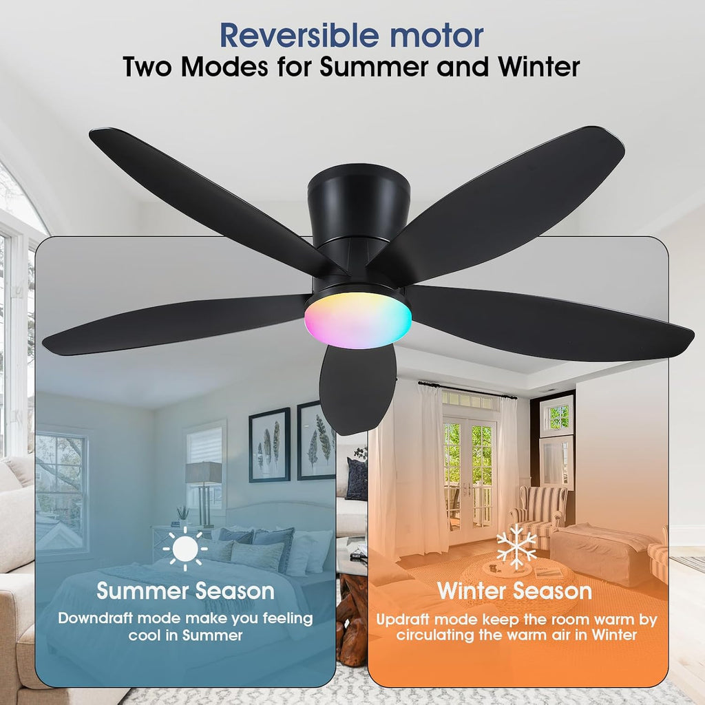 Flush Mount RGB Ceiling Fans with Lights-48 Low Profile Ceiling Fan with Light and Remote/APP Control,DC Reversible,LED Dimmable Blakc Ceiling Fans for Bedroom,Indoor/Outdoor Patio Use A101-B0F8HW7T84