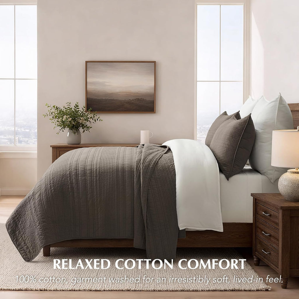 100% Cotton Modern Lines Quilt Set King, Pre-Washed Soft Striped Coverlet Bedspread, 3 Piece Lightweight Bedding Set