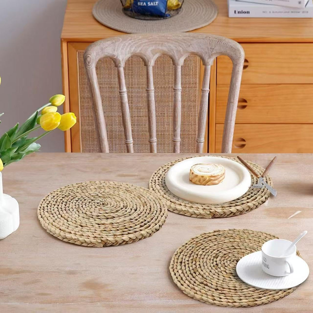 12" Round Woven Rattan Placemats,Natural Hand-Woven Water Hyacinth Placemats,Farmhouse Weave Place Mats,Rustic - Set of 6