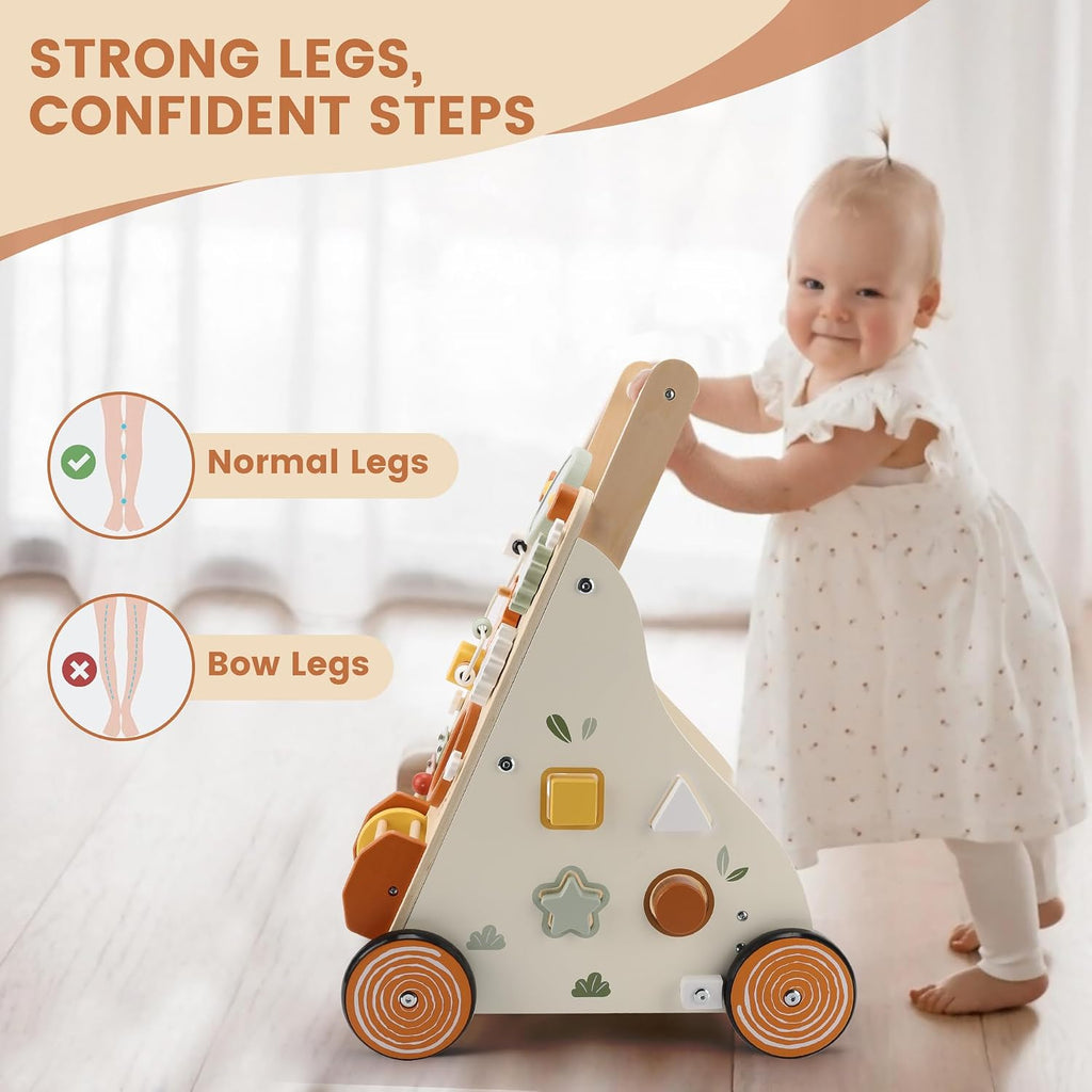 Wooden Baby Walker, Baby Push Walker with Activity Center for Girls Boys, Montessori Push Walker Toys for Babies