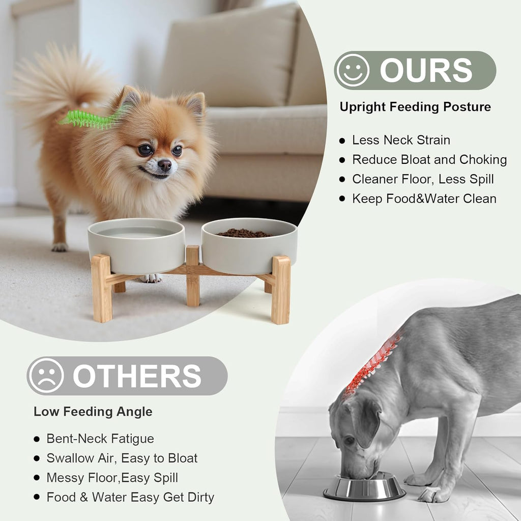 Elevated Dog Bowls Ceramic, 5.1'' Dogs and Cat Food Water Bowls Raised with Non-Slip Bamboo Stand for Puppy Small