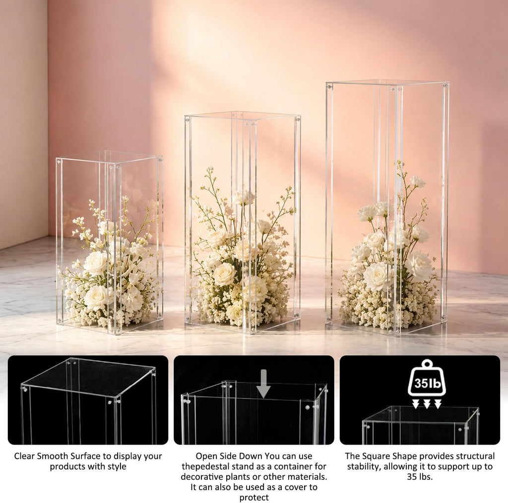 Acrylic Square Pedestal Stand for Party, Clear Cake Pedestal Stand - Set of 3
