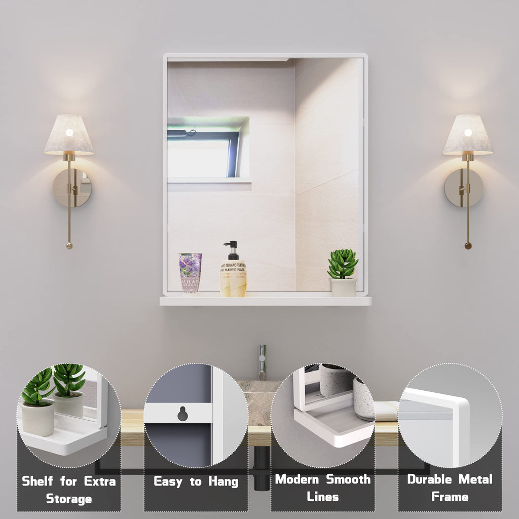 20"x24" Bathroom Wall Mirror with Shelf, White Bathroom Mirror for Wall, Rectangular Wall Hanging Mirror Bedroom