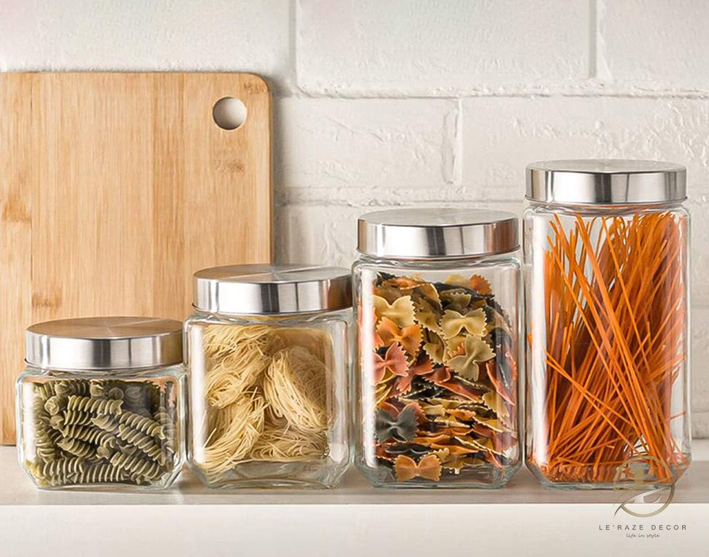 Square Glass Cookie Jars with Airtight Lids + Marker & Labels, Canister Sets Counter or Bathroom - Food Storage - Set of 4