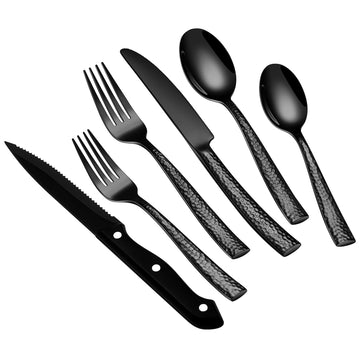 48 Pcs Black Hammered Silverware Set with Steak Knives, Stainless Steel Flatware Set for 8, Mirror Cutlery Include