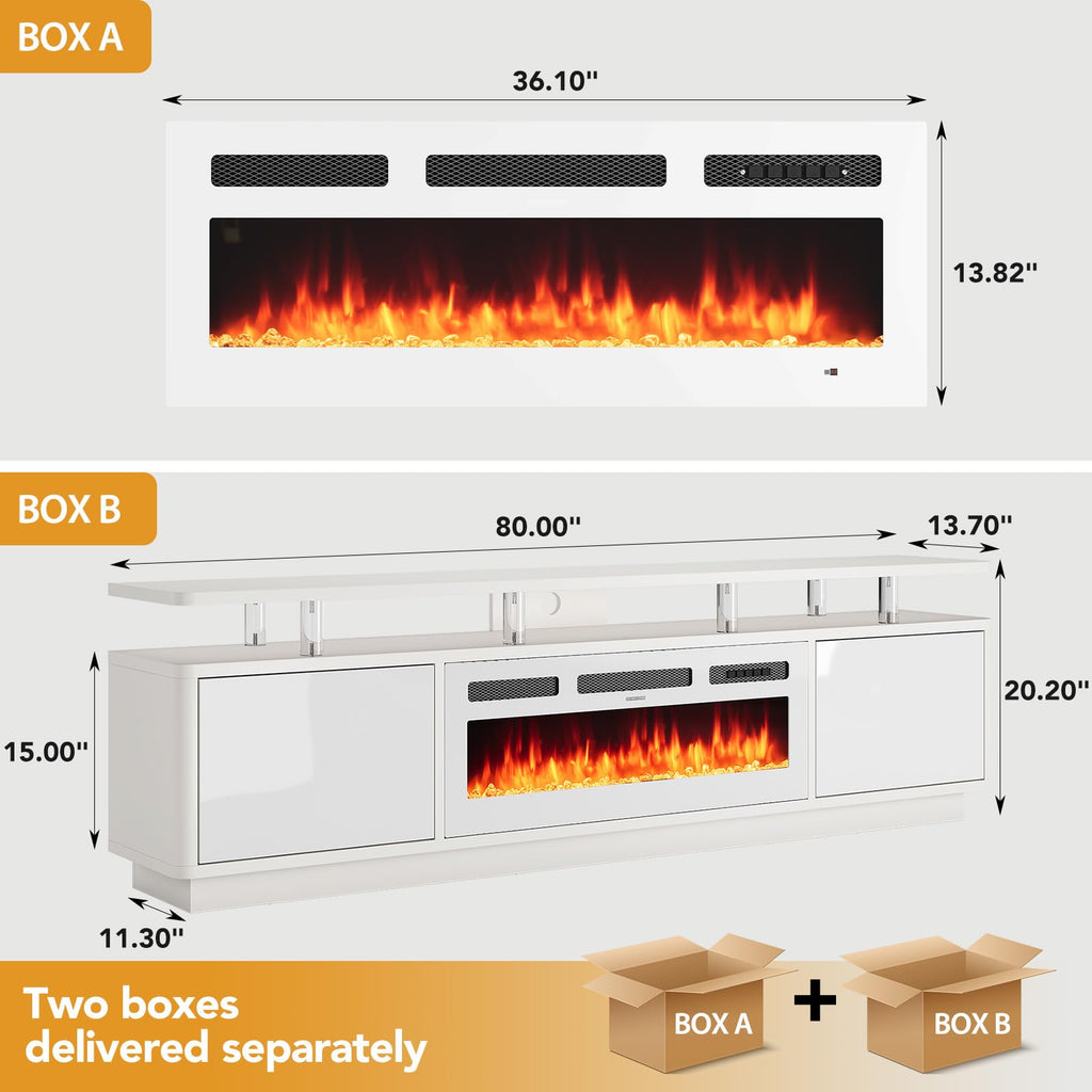 80", 36" Electric Fireplace with Adjustable Flames & Double LED Lights, Remote Control, Storage Cabinet with High
