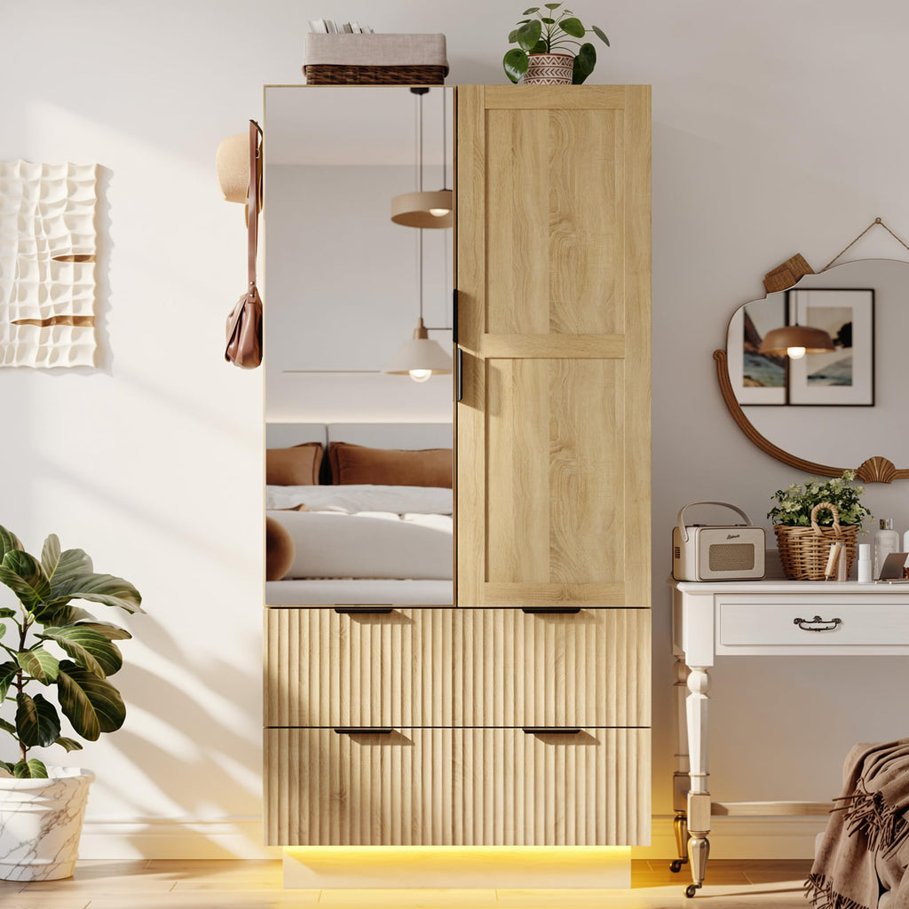 Wardrobe Closet with 2 Doors, Pegboard and Mirror, Wood Armoires