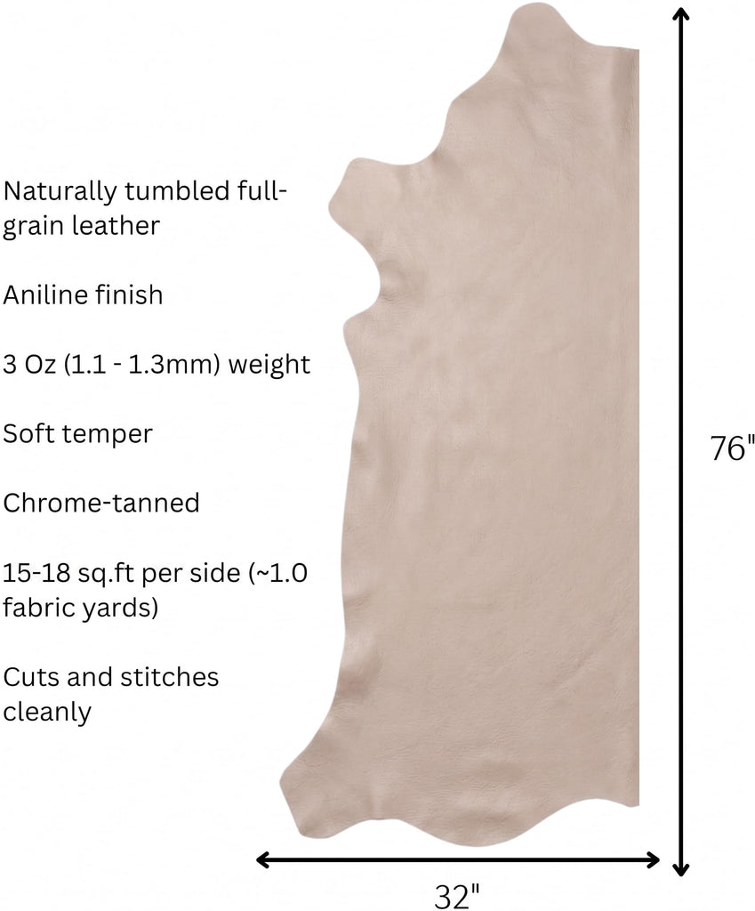 Beige Top Grain Upholstery Leather Side Premium Quality 3-4 oz Half Hide 15-18 sq.ft Import AA Grade Leather Fabric