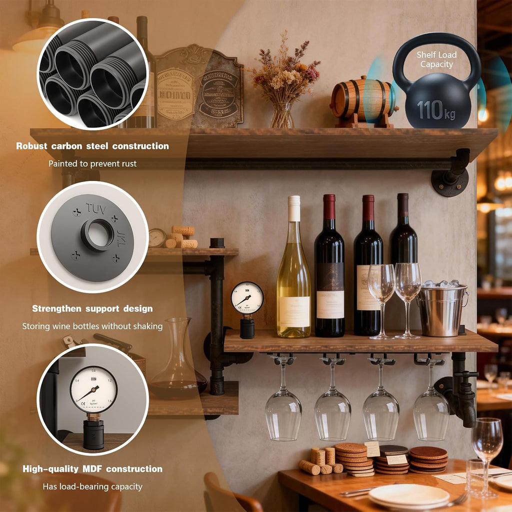 Industrial Pipe Shelving Wine Rack Wall Mounted,Bar Shelves Hanging Wine Rack with 4 Stem Glass Holder,Liquor Bottle