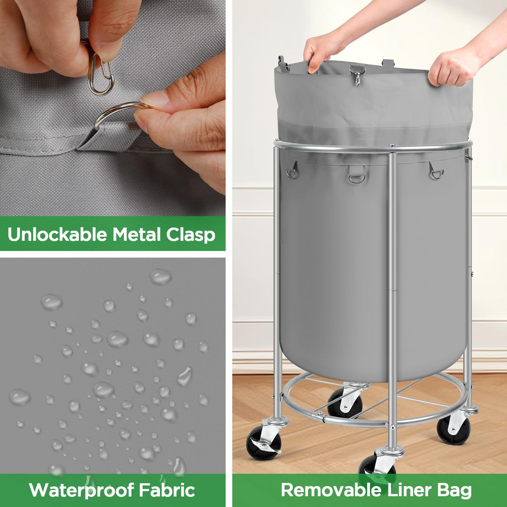100L Round Rolling Laundry Hamper Basket with Wheels, Grey