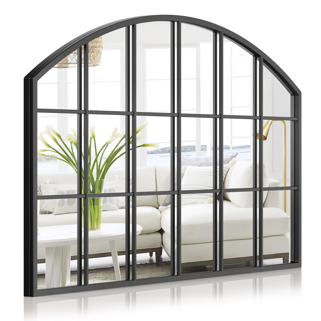 Wide Window Pane Mirror, 44" x 28" Black Arched Mirror for Wall