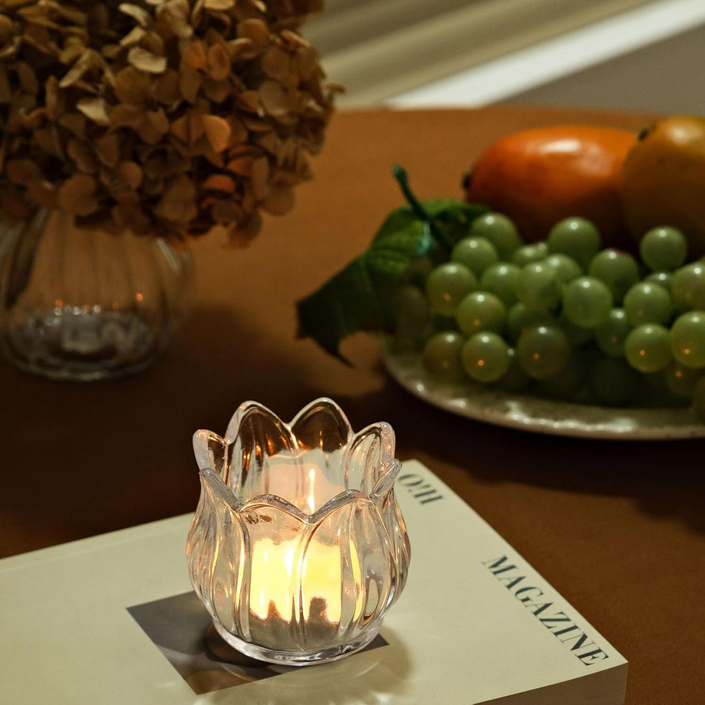 Set of 12 Tulip Glass Votive Candle Holders, Decorative Tea Light Candle Holders, Clear Glass Flower Tealight Candle