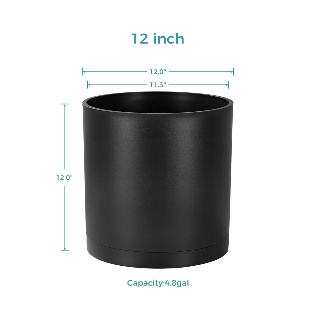 12-Inch Large Modern Cylinder Planter, Thick-Walled Plastic Plant Pot with Drainage Holes and Detachable Saucer