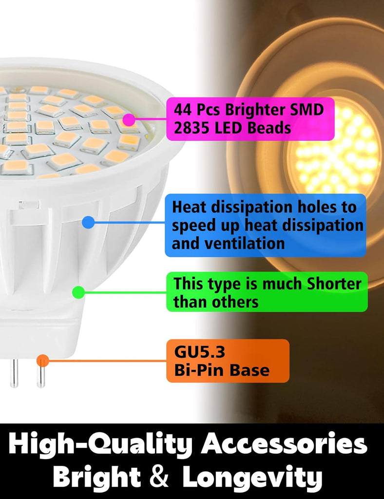 MR16 LED Bulbs 12V, GU5.3 LED Bulb 120 Degree Flood Beam Angle, 2700K Warm