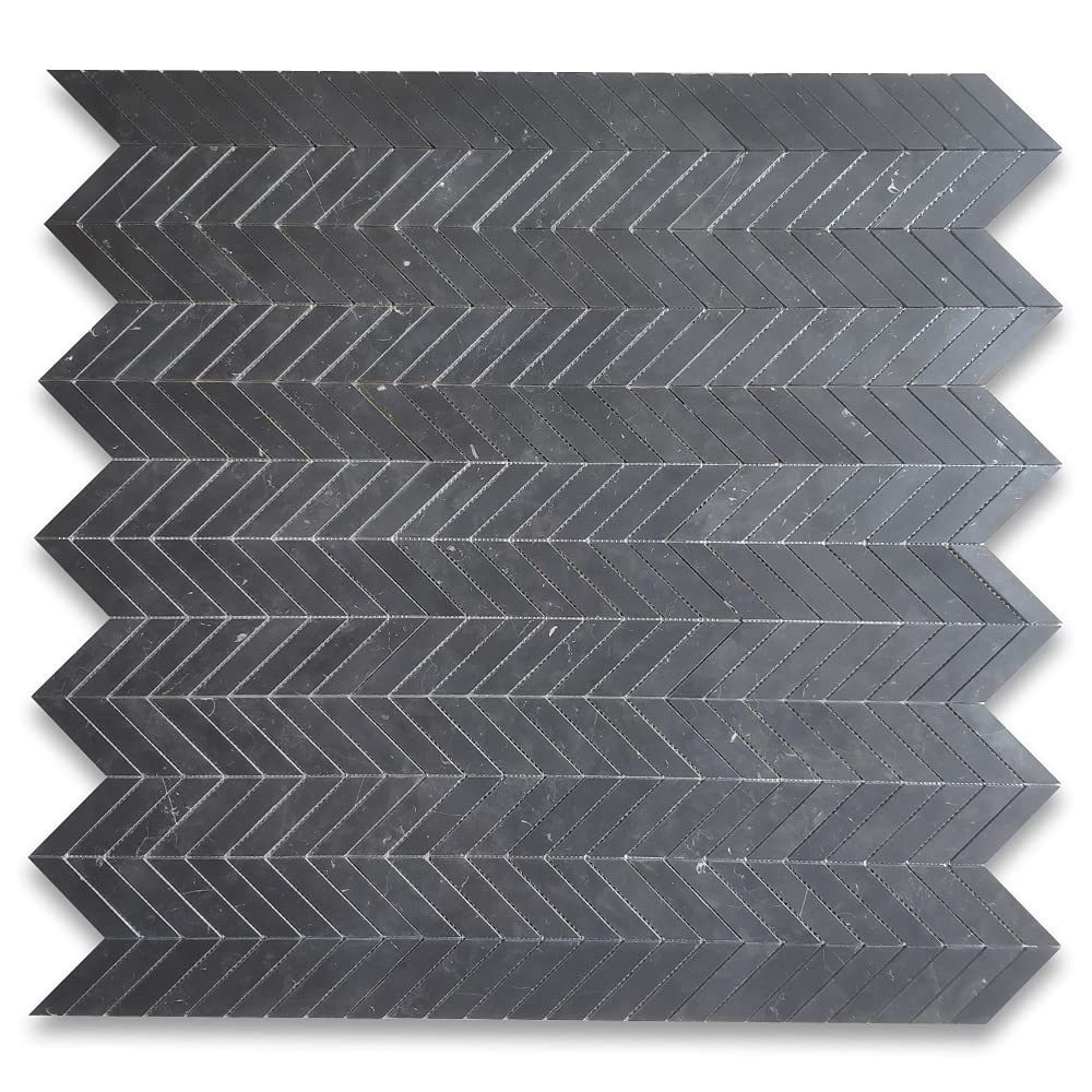 Nero Marquina Black Marble 1x4 Chevron Mosaic Tile Honed Kitchen Bath Wall Floor Backsplash Shower (1 Sheet)