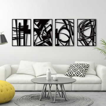 Black Abstract Metal Wall Art, Minimalist Décor Single Line Art Wall Décor, 3D Textured Metal Wall Sculptures - Set of 4