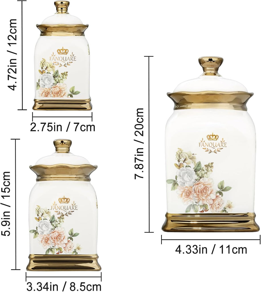 Floral Canisters with Gold Trim, Ceramic Decorative Countertop Jars, Farmhouse Porcelain Cookie Jar and Sugar Bowl - Set of 32