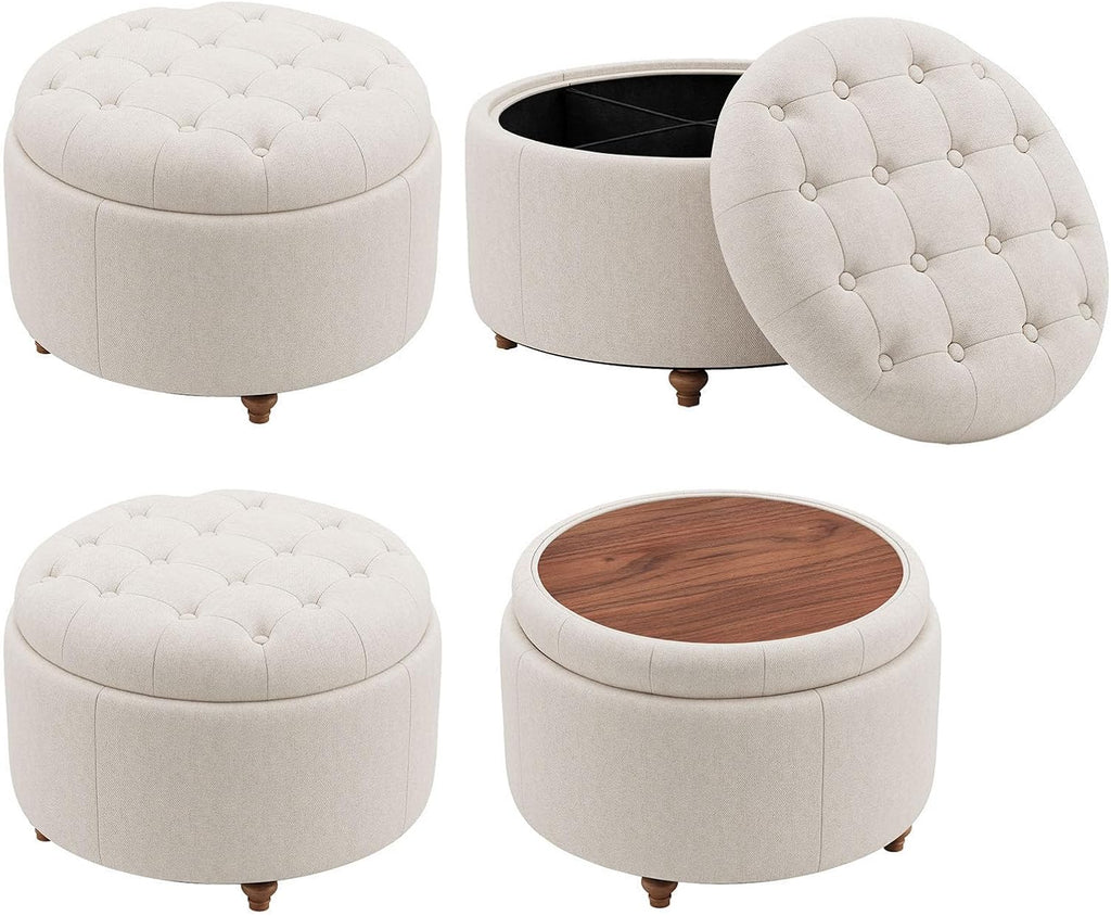 25" Round Ottoman with Storage, Small Coffee Table with Reversible Tray Lid | Tufted Fabric Round Storage Ottoman