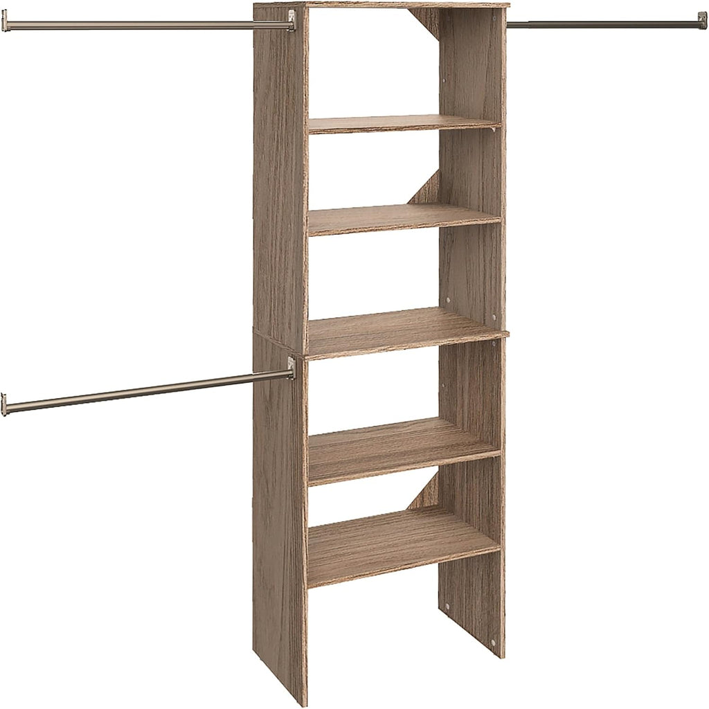 SuiteSymphony Wood Closet Organizer Starter Kit with Tower and 3 Hang Rods, Shelves, Adjustable, Fits Spaces 5 - 10